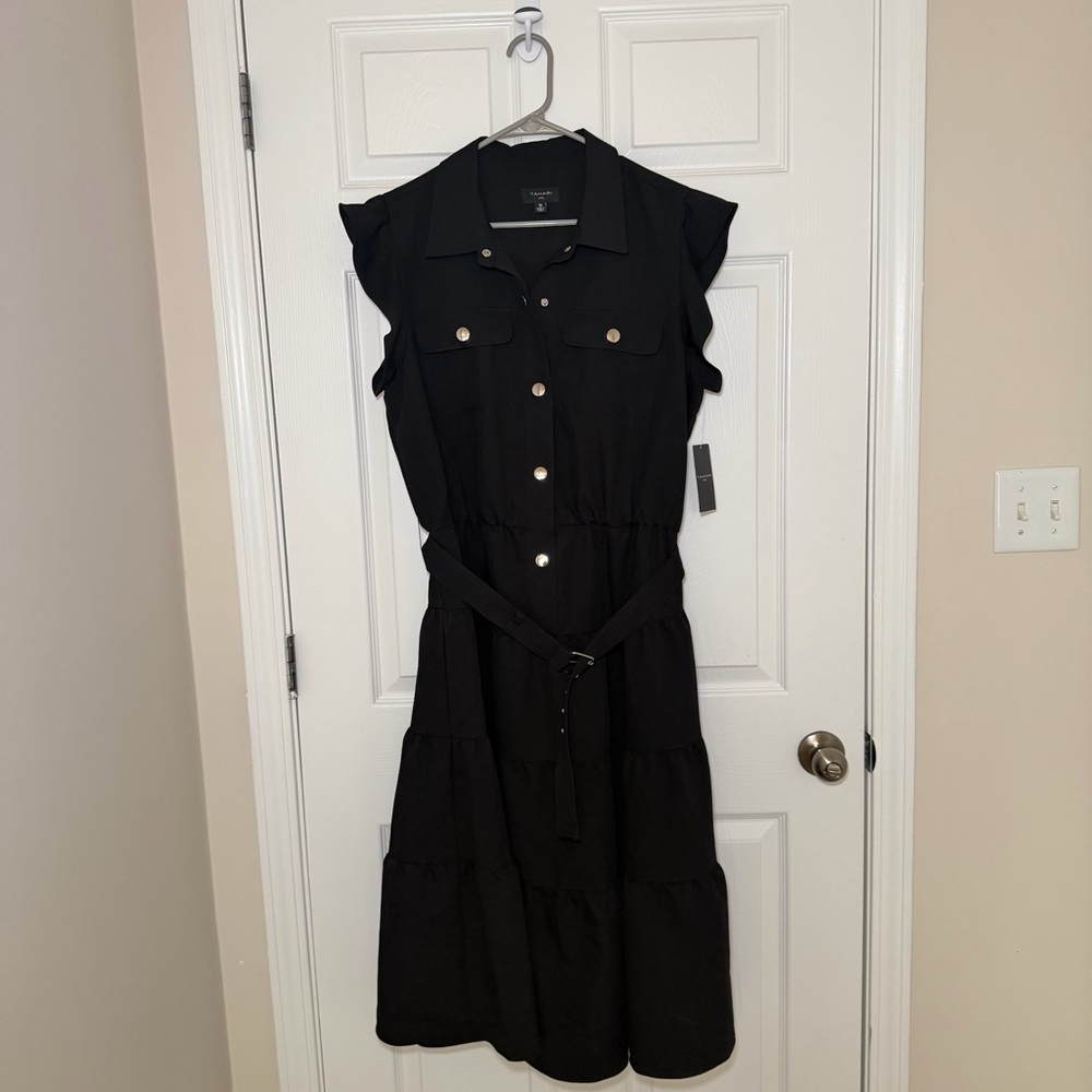 Tahari ASL Black Ruffle Sleeve Midi Dress